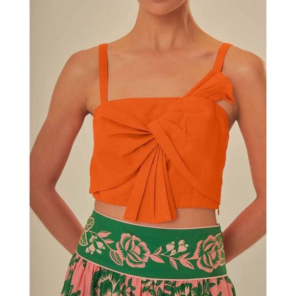 Farm Rio Tops - NWOT Farm Rio Orange Bow Linen Crop Top Square Neck Sleeveless Statement Tank M